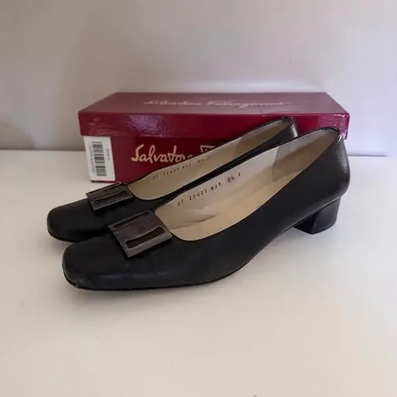 Salvatore Ferragamo Black Leather Nero Nappa Kid Pump Block Heels Italy 8.5 - Picture 12 of 12